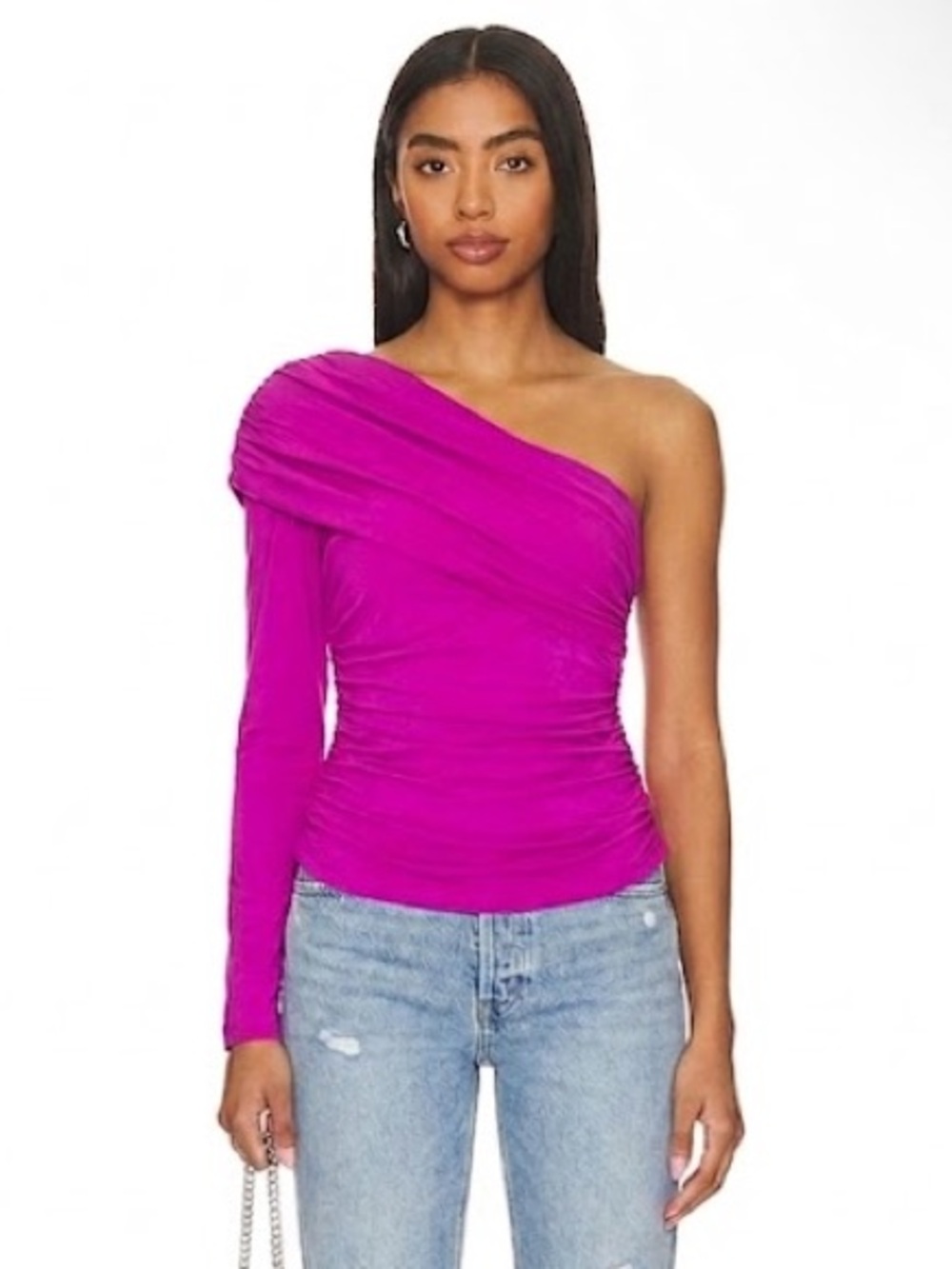 Susana Monaco Ruched One Shoulder Long Sleeve Knit Top Revolve in Magenta Pink